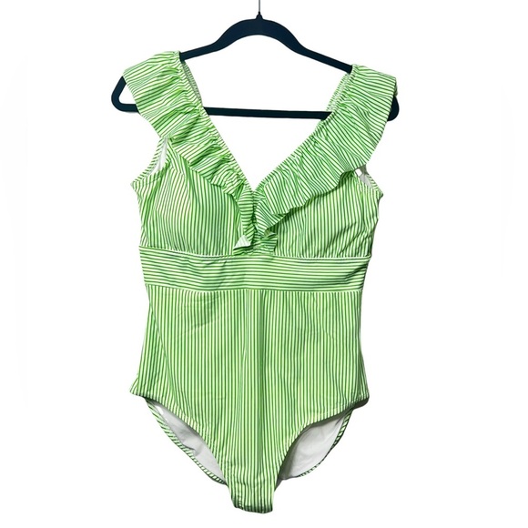 aava Women’s Layla Retro Green/White Striped Ruffle One Piece Size XXL - Picture 1 of 5